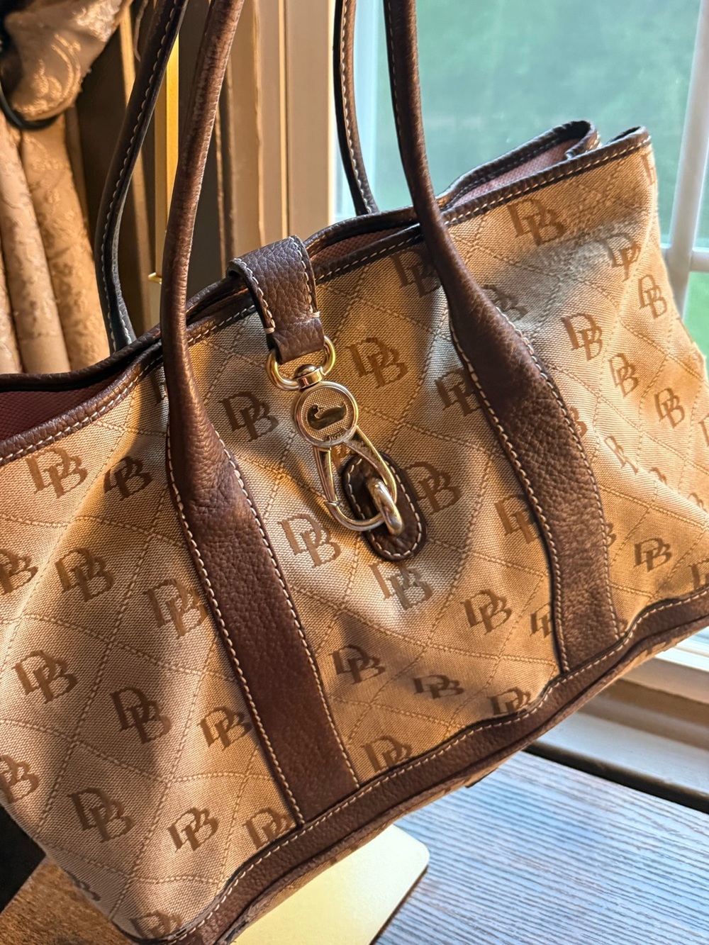 Dooney & Bourke Brown Monogram Canvas Tote with Dark-Brown Trim